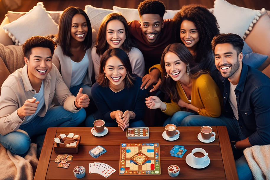 A lively group of friends enjoying a cozy game night with board games, playing cards, and coffee. The warm lighting and joyful smiles create the perfect atmosphere for friendly competition and bonding, making this a quintessential gathering for fun and relaxation.