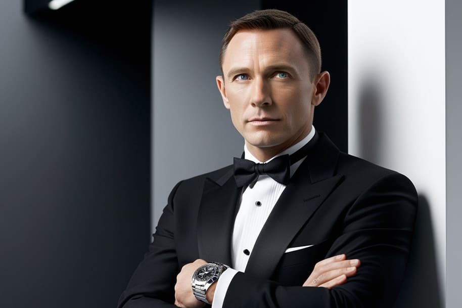 An impeccably dressed gentleman in a tailored tuxedo, exuding confidence and sophistication, leaning against a sleek modern backdrop with arms crossed, reminiscent of iconic casino-themed movies.