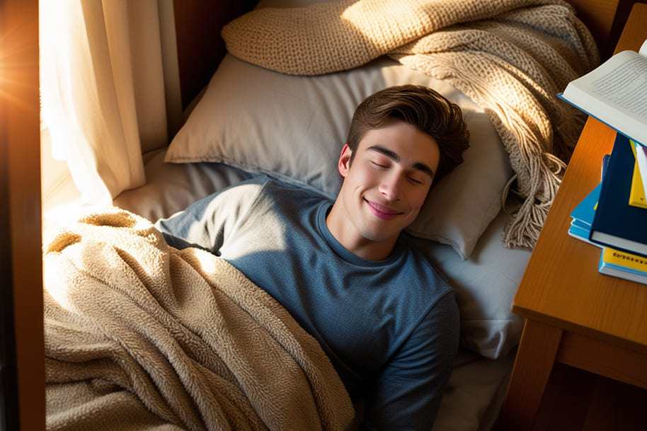 Relaxed young man smiling while resting in bed, enjoying a peaceful morning with sunlight streaming in through the window, symbolizing relaxation, improve productivity in 2025, and a digital detox lifestyle.