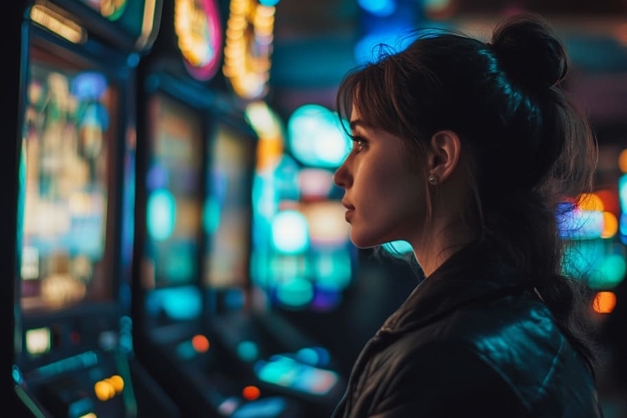 Profile view of a woman immersed in the glow of slot machines at a lively casino, showcasing vibrant neon lighting and a focused expression, capturing the allure and engagement of modern gaming.