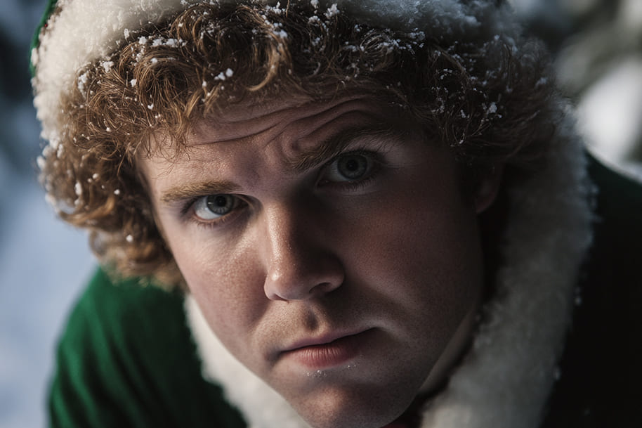 Close-up of a thoughtful individual dressed as an elf, surrounded by a snowy festive atmosphere, perfect for a holiday-themed post on EternalSlots.com.