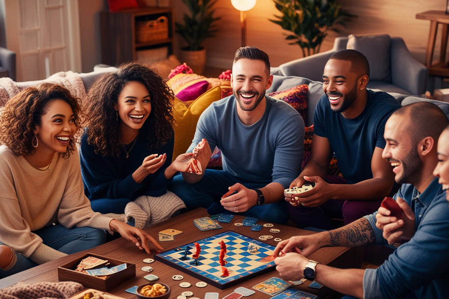 Group of friends gathered around a table enjoying a strategy board game, sharing laughter and snacks in a colorful and cozy living room setting. Perfect scene for a fun-filled game night and social bonding.