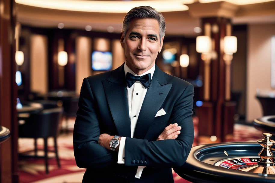A distinguished gentleman in a classic tuxedo with a bow tie, confidently standing near a roulette table in an elegant casino setting.