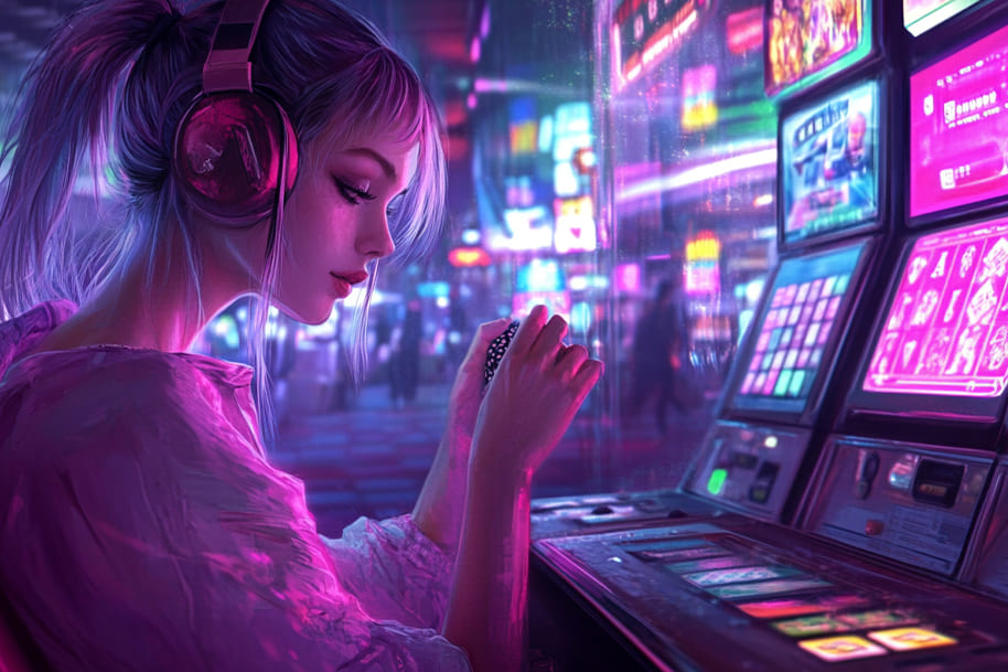 Portrait of a young woman with vibrant purple hair and headphones, engrossed in a neon-lit cyberpunk arcade environment. She is interacting with a futuristic slot machine that prominently features the branding of a safe online casino, surrounded by glowing digital displays and a bustling, blurred urban backdrop.
