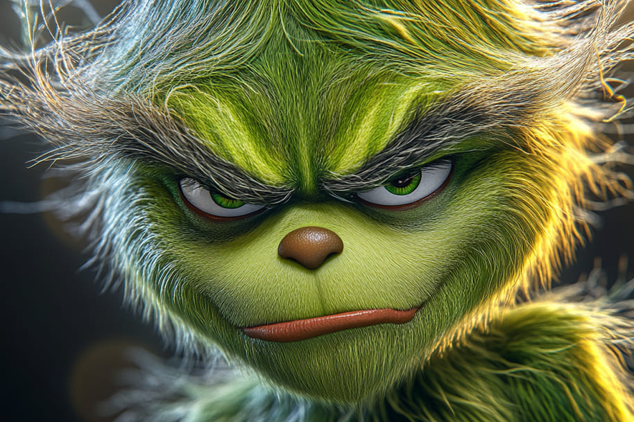 Close-up of a mischievous green character with a sly grin, capturing the holiday spirit with a twist, ideal for a festive post on EternalSlots.com.