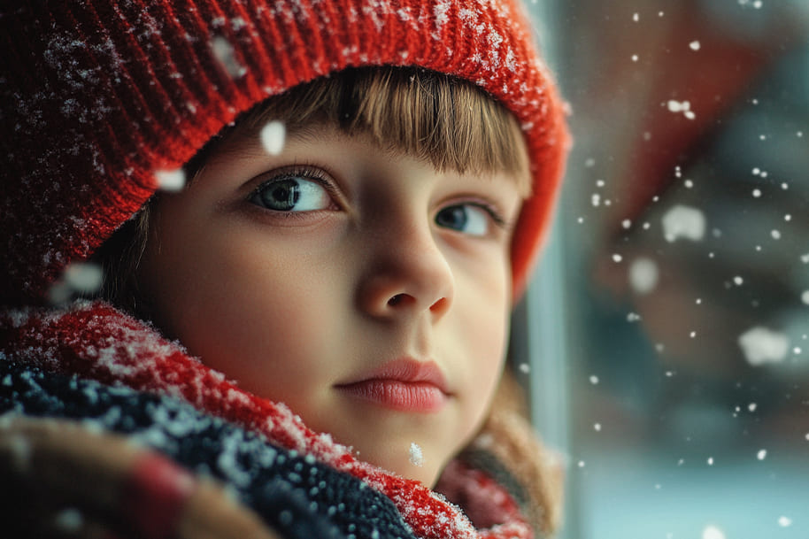 Portrait of a child with thoughtful eyes, dressed in a red winter hat and scarf, gazing through a frosty window with snowflakes falling softly, perfect for a nostalgic holiday blog on EternalSlots.com.