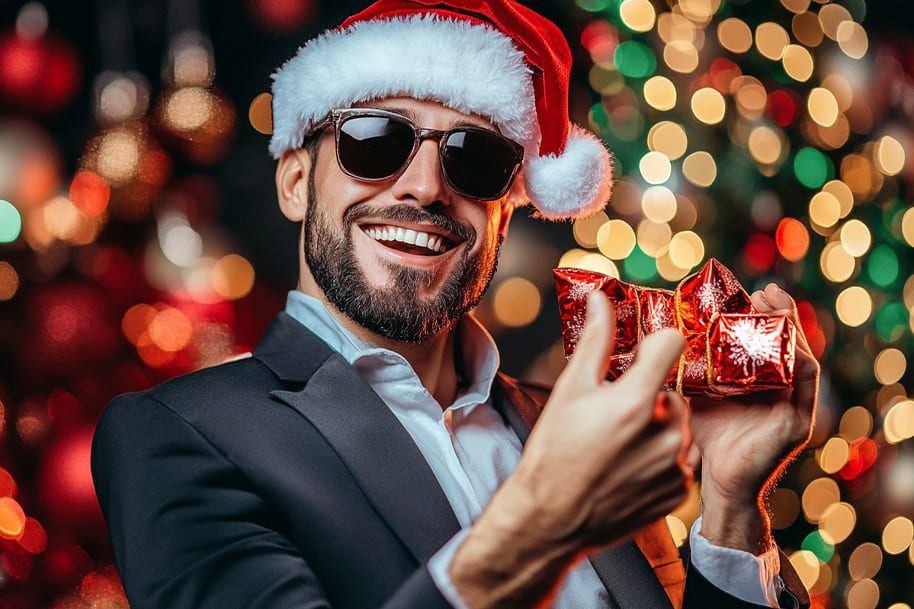 Stylish man in a Santa hat and sunglasses celebrating the season in style, holding Christmas crackers with a festive casino backdrop. Perfect imagery for blending holiday cheer with casino excitement!