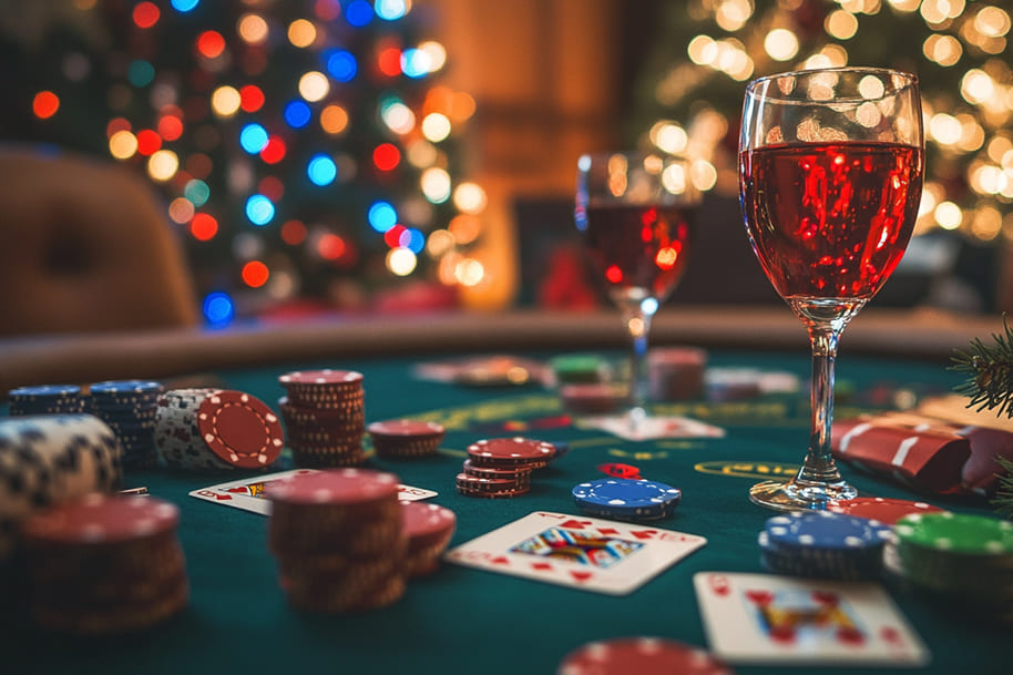 Festive casino table adorned with poker chips, playing cards, and holiday lights, complemented by glasses of red wine. A perfect representation of Christmas-themed casino promotions, combining luxury and seasonal excitement!