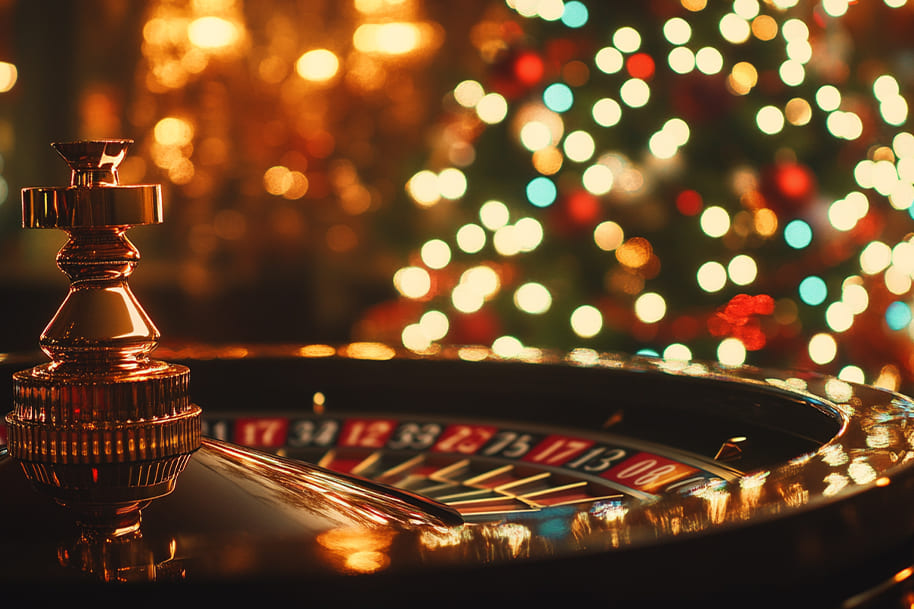Elegant close-up of a roulette wheel gleaming under golden casino lights with a beautifully blurred Christmas tree in the background, creating the perfect festive gambling vibe!