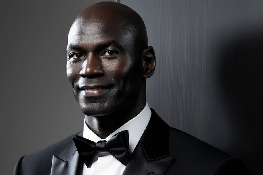 A confident man dressed in a classic black tuxedo with a bowtie, exuding sophistication against a minimalistic backdrop.