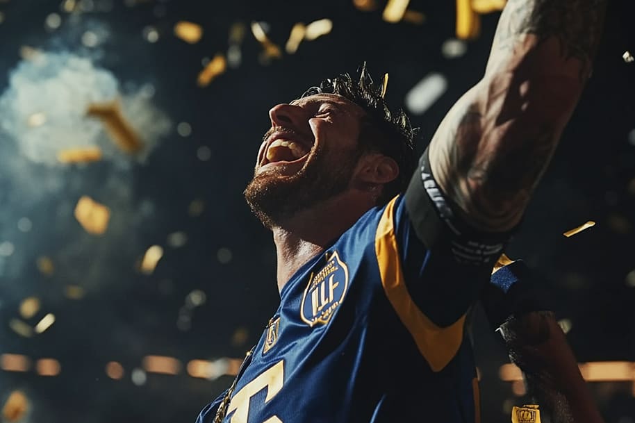 Ecstatic soccer player celebrating victory under a shower of golden confetti, with pure joy and passion evident on his face. This powerful image embodies the emotion and triumph of a historic championship win.