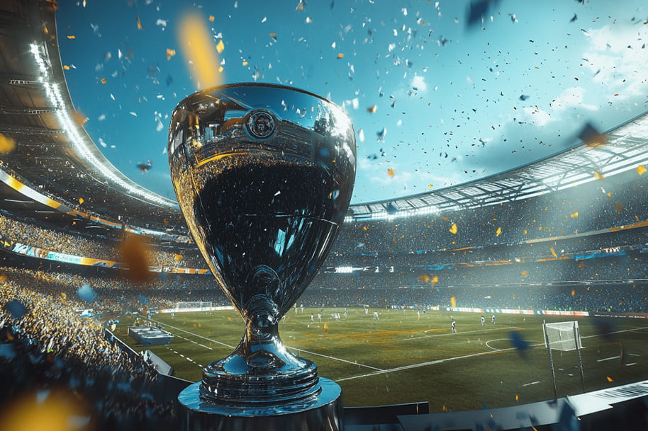 Magnificent silver trophy displayed in the center of a vibrant stadium filled with cheering fans and golden confetti, symbolizing the glory and prestige of a championship victory. A powerful image capturing the grandeur of the moment.