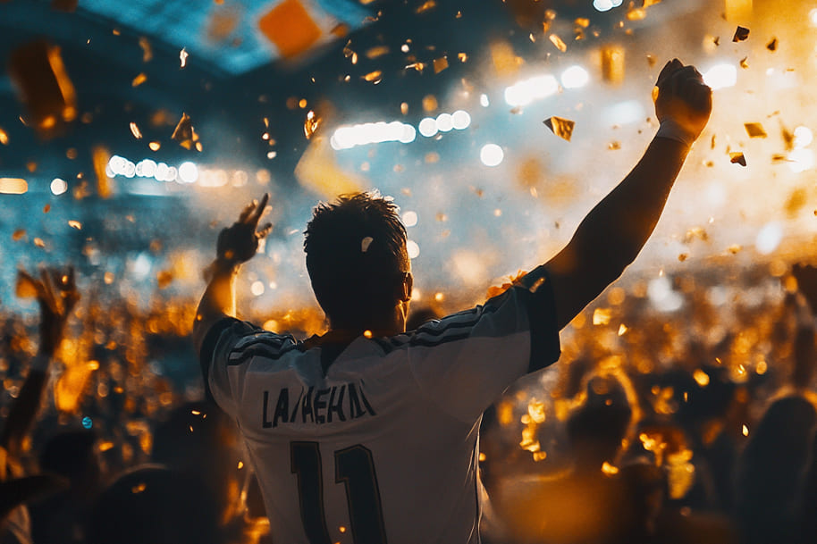 Jubilant soccer player celebrating victory with arms raised amidst a dazzling sea of golden confetti and roaring fans. This electrifying image encapsulates the euphoria of a championship win, inspiring fans and players alike.