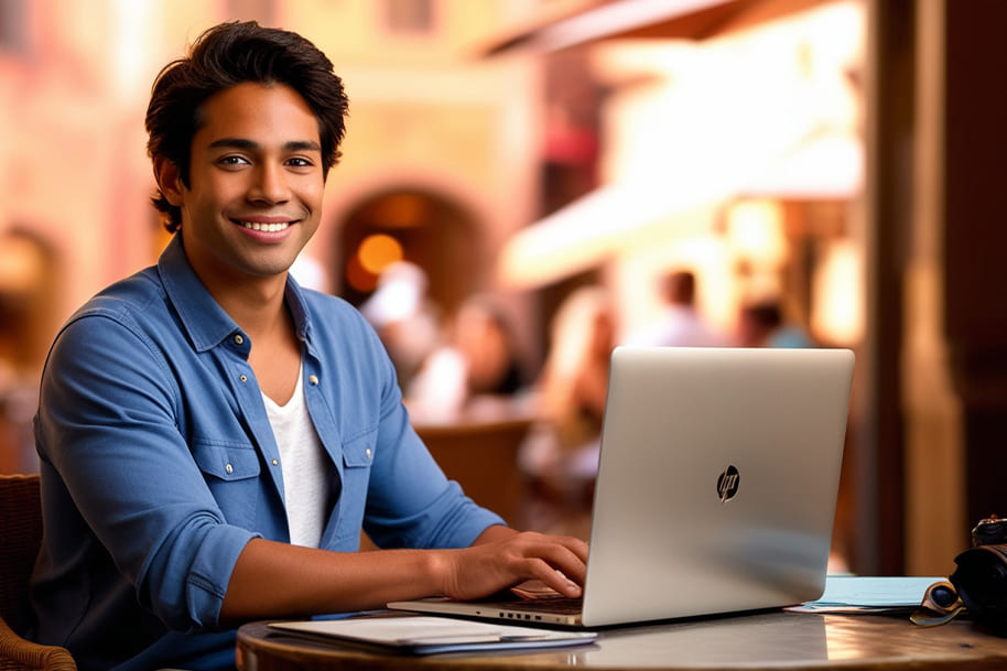A young professional working on a laptop at an outdoor cafe, showcasing the digital nomads lifestyle with flexible remote work and high-speed WiFi.