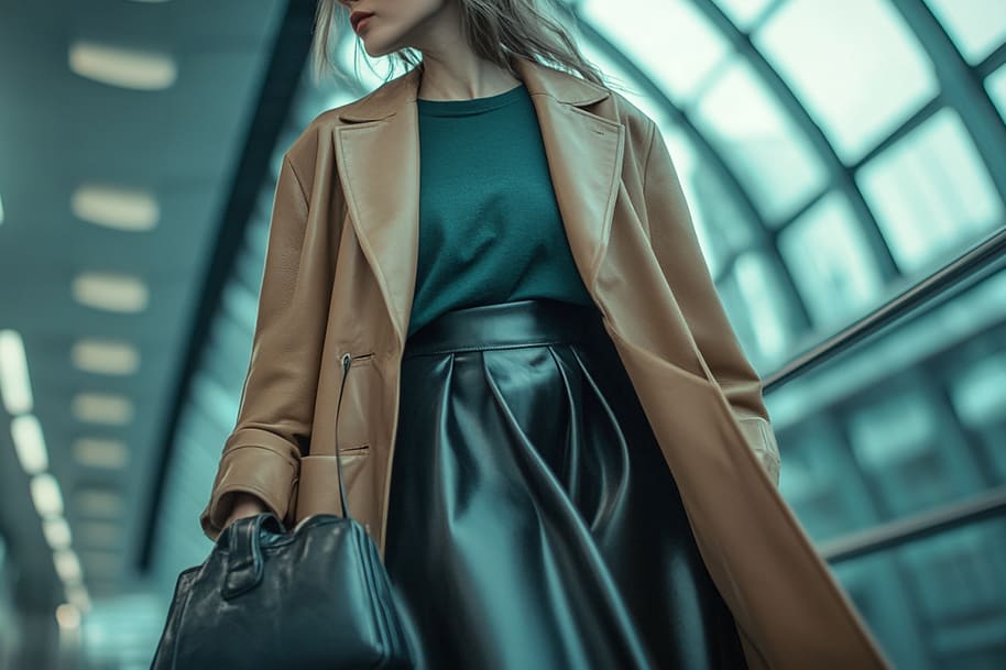 Chic fashion shot of a woman in a stylish tan trench coat and a black leather skirt, carrying a sleek handbag, capturing modern elegance and timeless style.