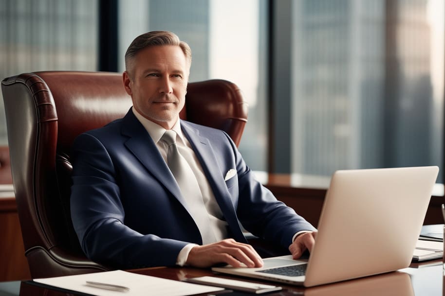 Confident businessman in a sleek suit working on a laptop in a modern office, symbolizing focus and professional success. Ideal for a blog post on Eternal Slots about setting and achieving career-oriented resolutions for 2025.