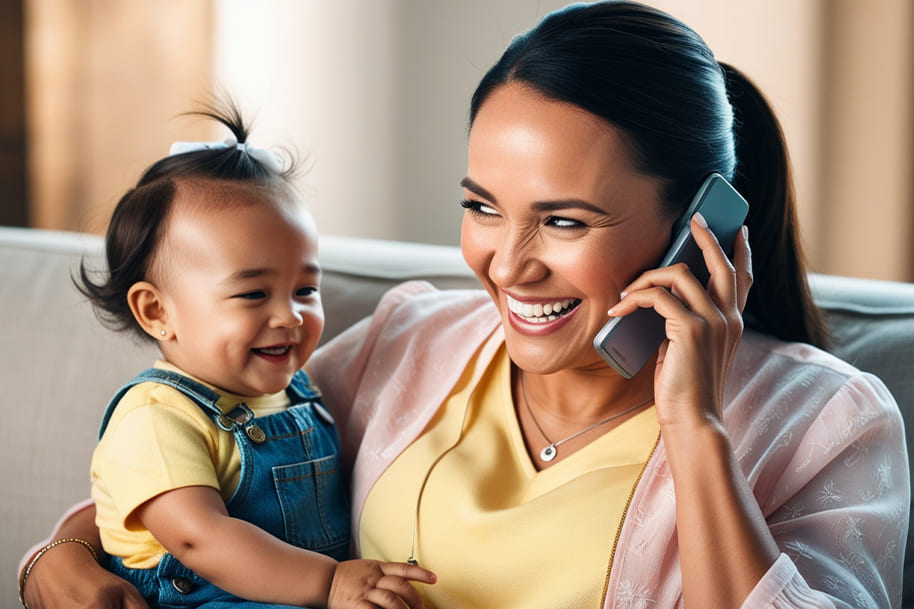 Happy mother talking on the phone while holding her smiling baby, representing the joy of balancing family and personal goals. Perfect for a blog post on Eternal Slots about staying motivated and achieving life goals in 2025.