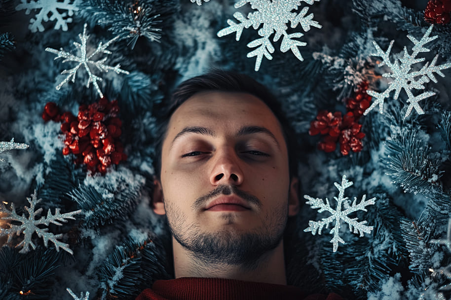 Close-up of a serene man surrounded by frosted evergreen branches, sparkling silver snowflakes, and vibrant red berries, capturing the magic and tranquility of the holiday season.