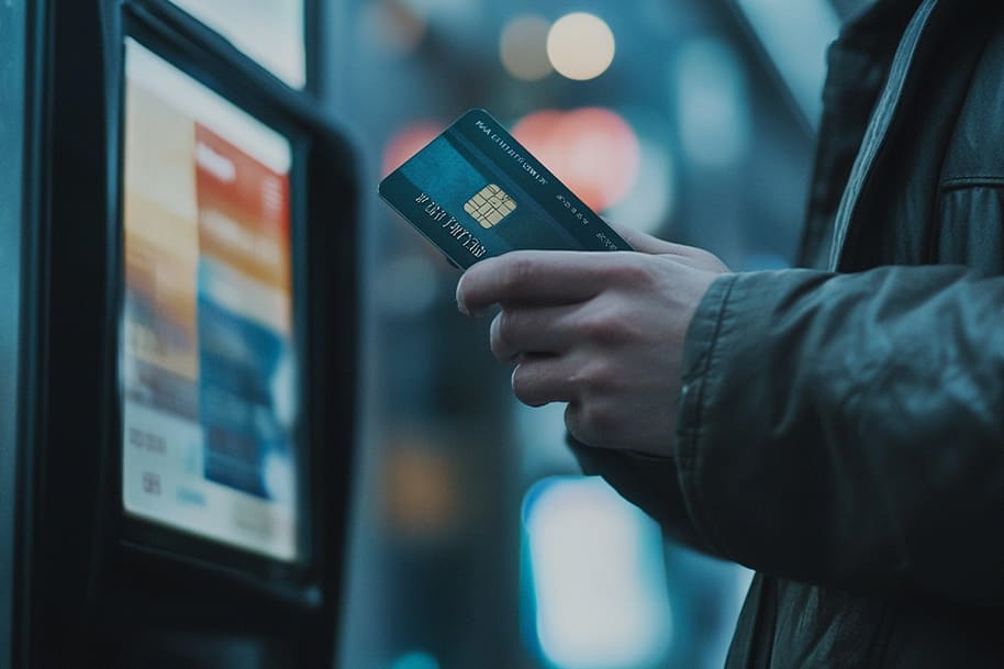 A person holding a credit card near a payment terminal, with a soft, blurred urban backdrop, symbolizing security tips for online casino players and digital payment safety.