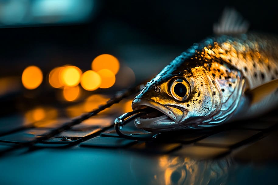 A close-up of a fish caught on a hook, illuminated by warm, blurred lights in the background, symbolizing security tips for online casino players and the concept of 'phishing' or entrapment.