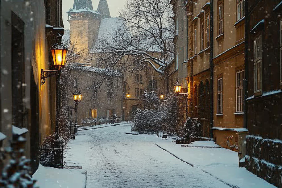 Image of a serene, snow-covered European street lined with historic buildings and glowing lanterns, creating a peaceful winter evening atmosphere.