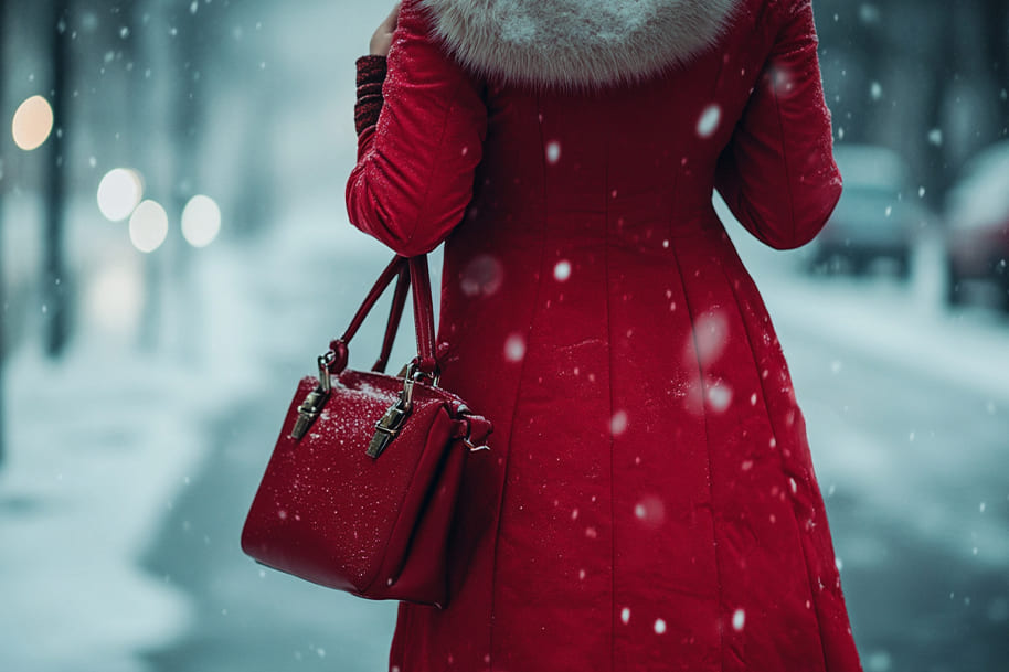 Stylish winter scene featuring a woman in a luxurious red coat with a fur collar, holding a matching red handbag as snow falls gently, symbolizing festive elegance and holiday fashion.