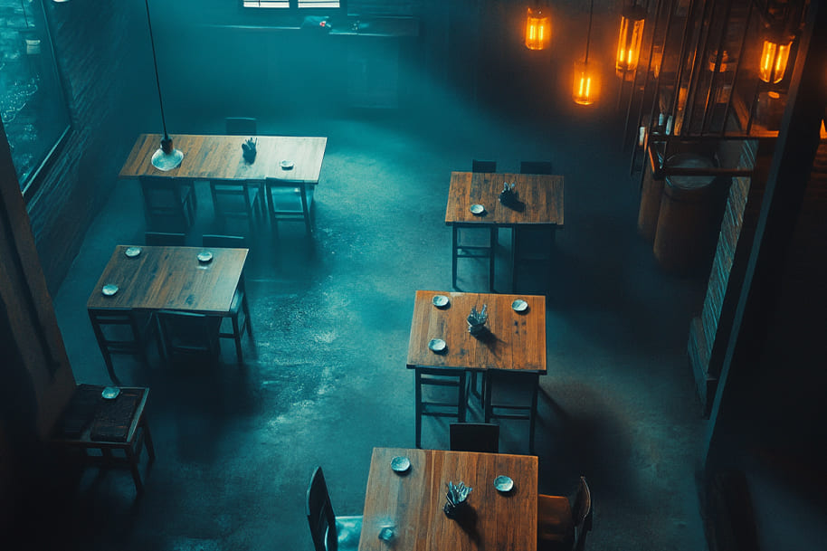 Moody dimly-lit restaurant with minimalist wooden tables and atmospheric lighting, perfect for a unique and intimate dining experience featured on EternalSlots.com blog.
