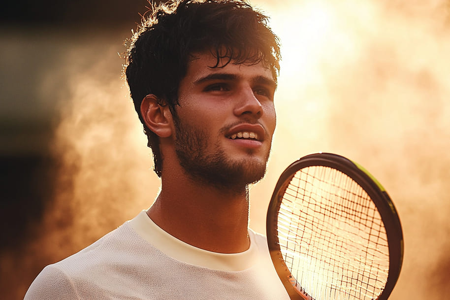 olden-hour portrait of a rising star Carlos Alcaraz with a confident smile, holding a racket and basking in sunlight—symbolizing the rise of new talent in the sports world, ideal for EternalSlots.com blog on inspiring success stories.