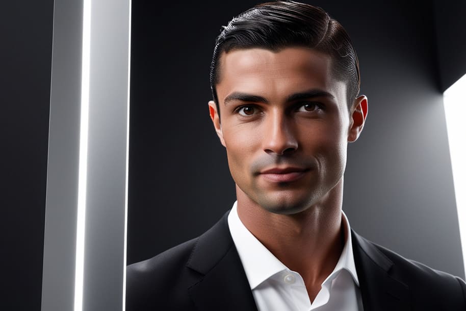 A sharp and confident man wearing a tailored black suit with a crisp white shirt, standing against a sleek modern backdrop with vertical lighting accents, subtly reflecting the theme of sports stars and gambling.
