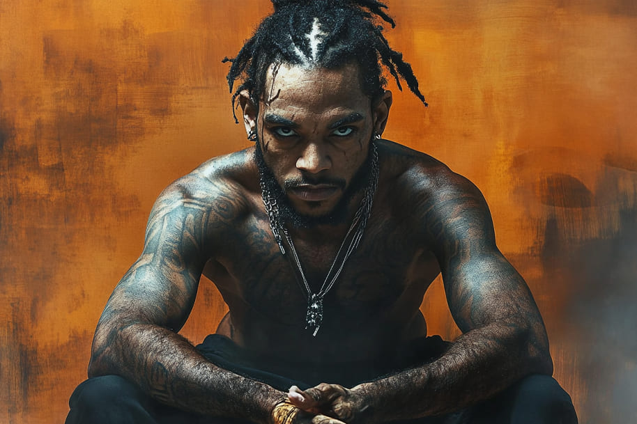Fierce portrait of Kendrick Lamar with tattoos, exuding confidence and intensity, representing strength and determination on EternalSlots.com.