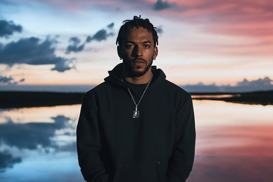 Reflective portrait of Kendrick Lamar standing against a serene sunset backdrop, symbolizing resilience and contemplation, featured on EternalSlots.com.