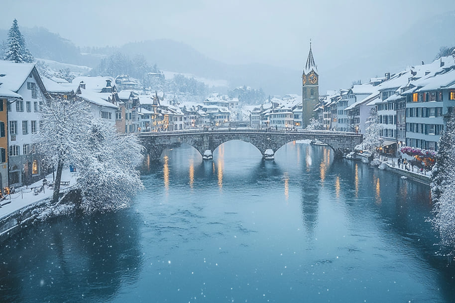 Stunning image of a snow-covered Swiss town, showcasing a picturesque bridge over a tranquil river, surrounded by historic architecture and a snow-laden landscape, making it a must-visit winter travel destination!