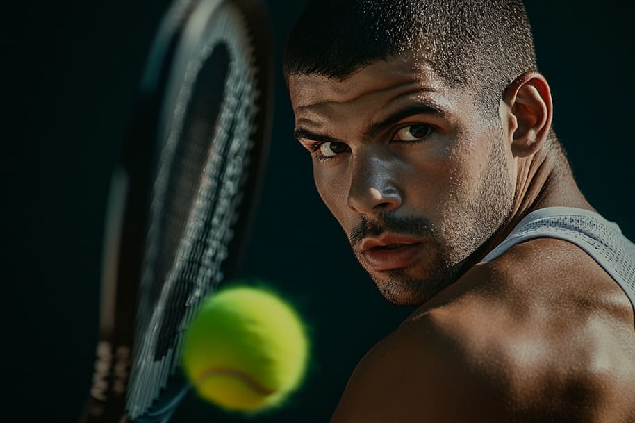 Intense focus of a rising star Carlos Alcaraz, closely watching a green tennis ball mid-air, epitomizing the concentration and skill of competitive sports—perfect visual for blogs highlighting perseverance and dedication.