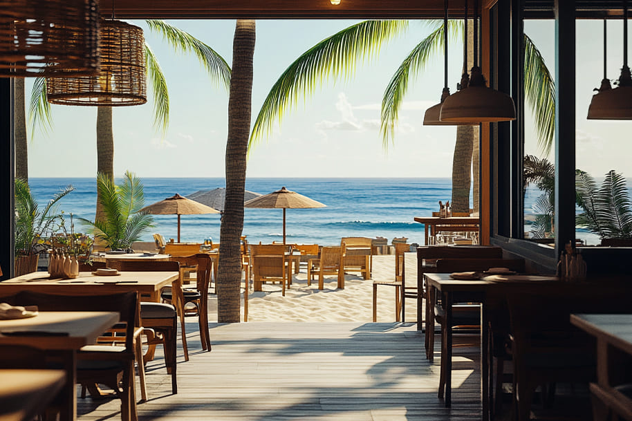 Beachfront restaurant with wooden interiors overlooking crystal-clear ocean waves and palm trees, offering a serene and tropical dining experience in Thailand, featured on EternalSlots.com blog.