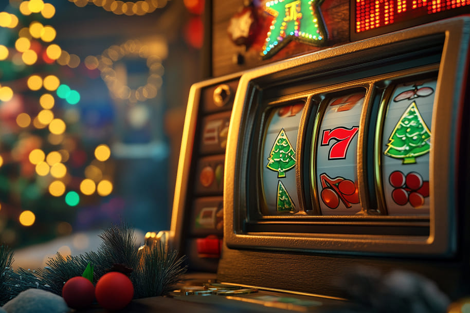 Festive Christmas-themed slot machine with holiday decorations, including sparkling lights, ornaments, and a cozy background, perfect for celebrating the season of giving with top free spins offers at Eternal Slots online casino.