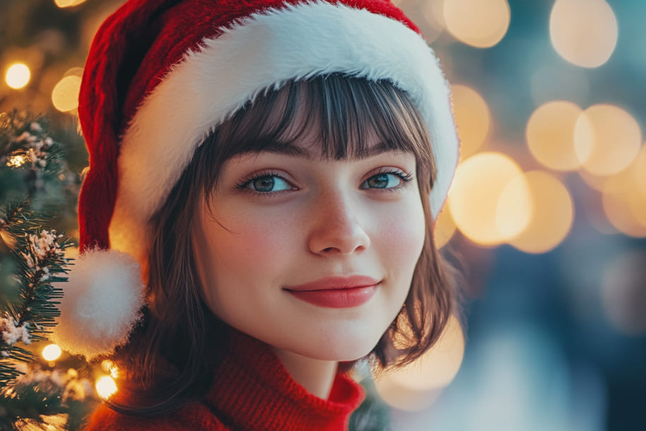 Smiling woman in a Santa hat surrounded by festive holiday lights and a Christmas tree, embodying the joy and spirit of the season at Eternal Slots online casino.