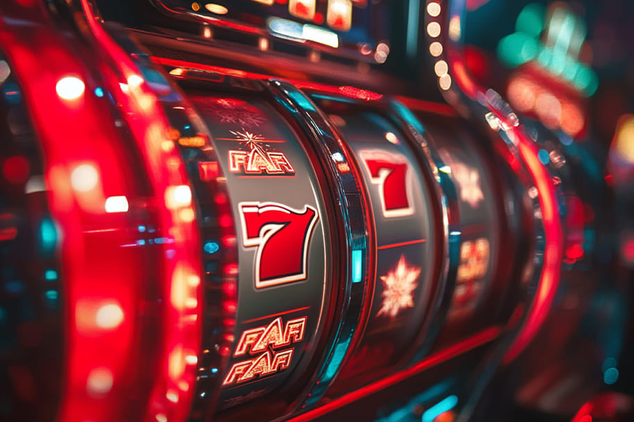 An electrifying slot machine in action with bright red sevens and festive snowflake symbols, capturing the thrill of Christmas free spin offers!