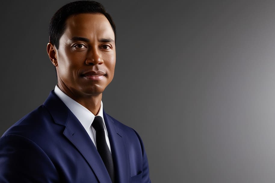 A professional and composed individual dressed in a sleek navy suit, paired with a white shirt and a black tie, set against a minimalist gray background, subtly incorporating the theme of sports stars and gambling.