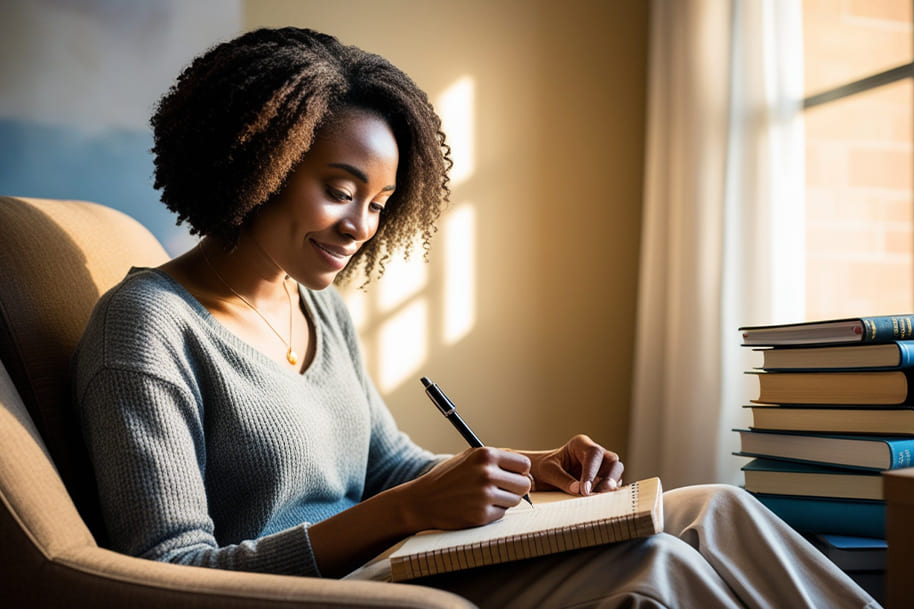 Focused woman sitting in a cozy chair, writing in a notebook with stacks of books nearby, symbolizing time blocking and effective productivity habits.