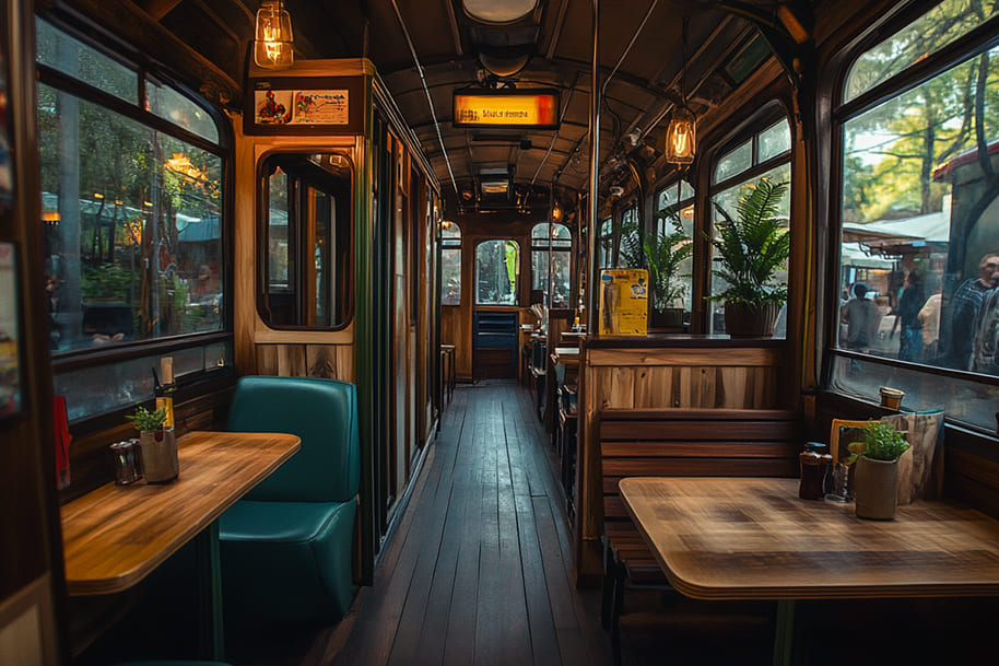 Unique restaurant setting inside a vintage tramcar with cozy wooden tables and green accents, offering a charming and nostalgic dining experience, featured on EternalSlots.com blog.