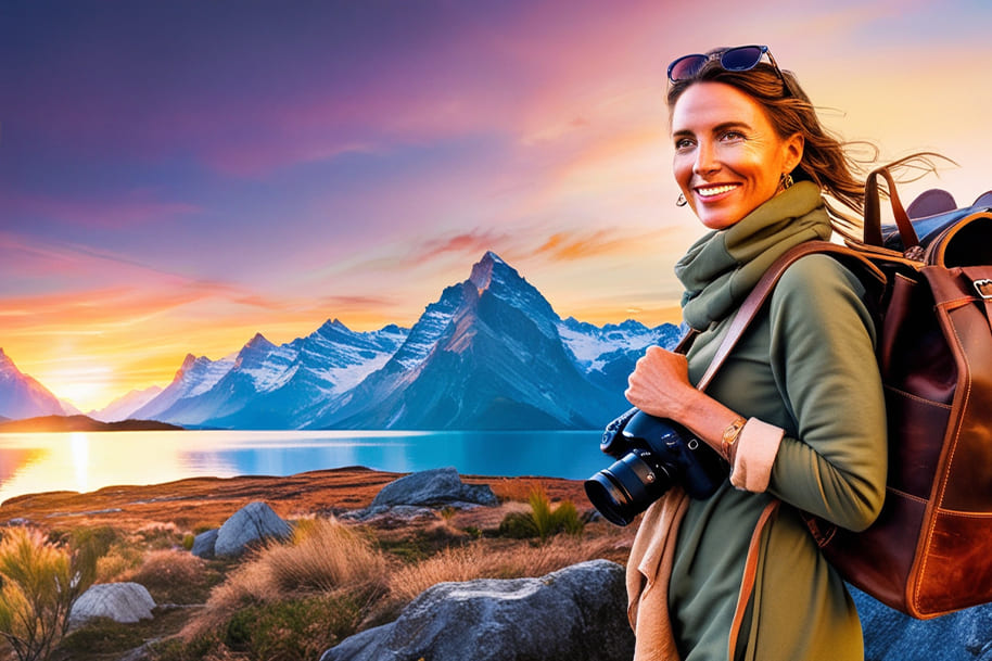 Adventurous female traveler exploring scenic mountain landscapes at sunrise, equipped with a camera and backpack, symbolizing safe and enriching travel experiences for EternalSlots.com readers.