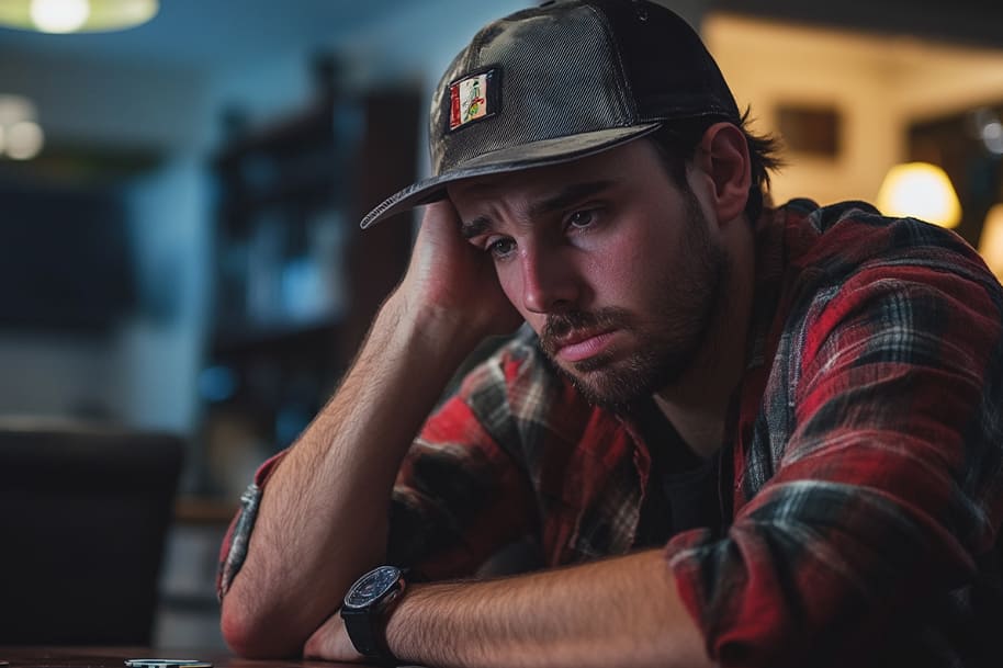 Portrait of a man in a plaid shirt and cap, sitting at a table with a thoughtful, distressed expression, symbolizing the emotional struggle and realization of the need to seek help for gambling addiction.