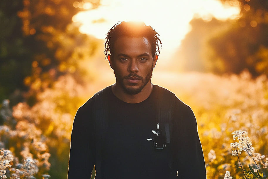 Portrait of Kendrick Lamar walking through a sunlit meadow, symbolizing focus and resilience, ideal for gaming insights on EternalSlots.com.