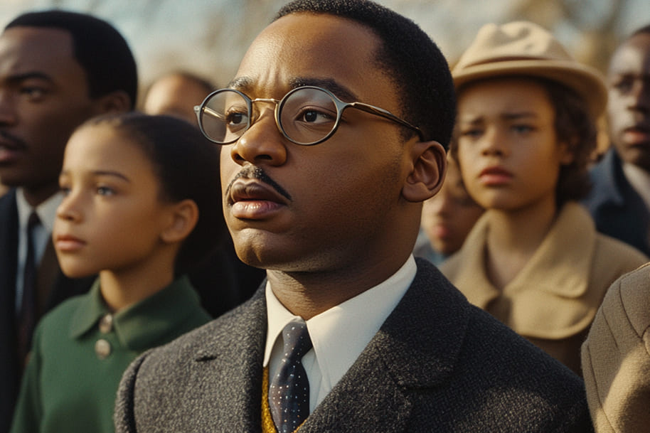 Young Martin Luther King Jr. standing among a diverse crowd, embodying hope and determination during the early days of the civil rights movement. Perfect for a blog post on Eternal Slots highlighting leadership, inspiration, and historical achievements.