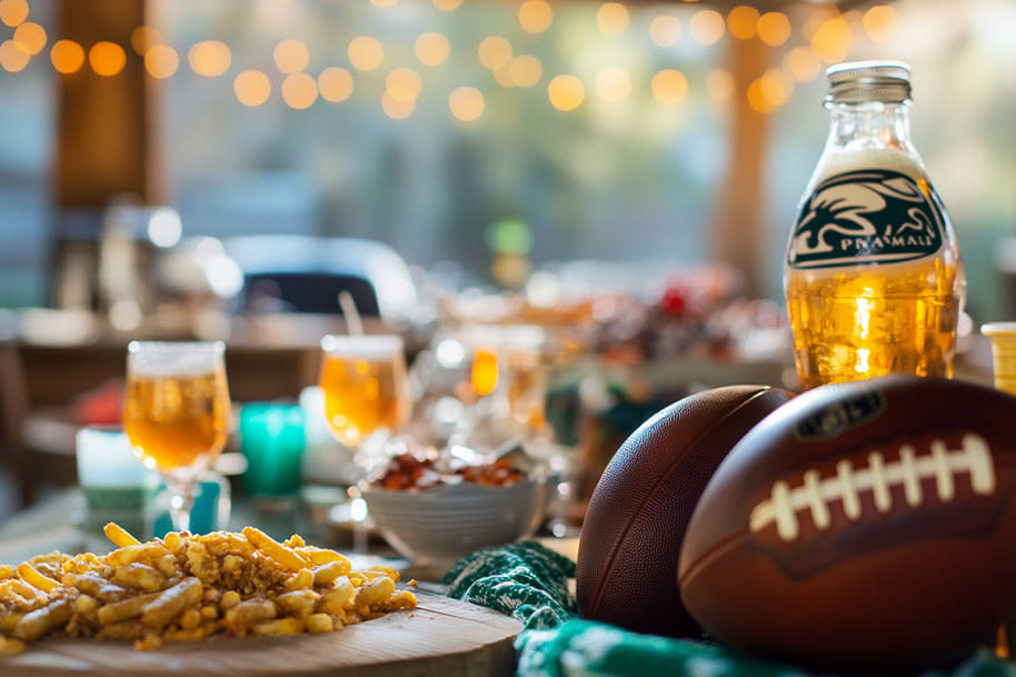 Delicious football-themed snacks, including loaded fries, drinks, and two footballs, set against a backdrop of string lights. This vibrant setup is perfect for a Super Bowl LIX party, creating the ideal atmosphere for enjoying the big game with friends and family.