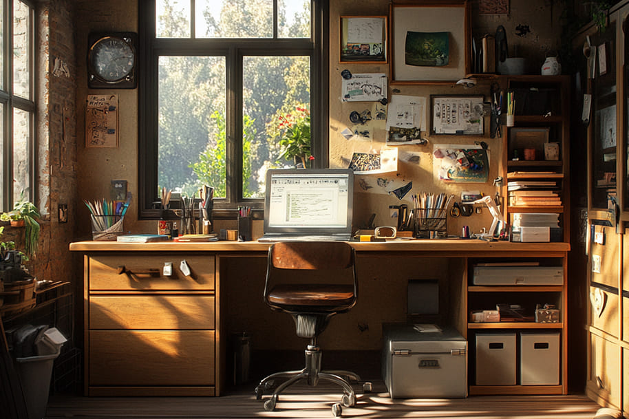 Bright and inviting home workspace with a desk full of art supplies, a laptop, and creative materials. The natural light streaming through the windows enhances the cozy, organized setting, ideal for a productive home office or creative studio.
