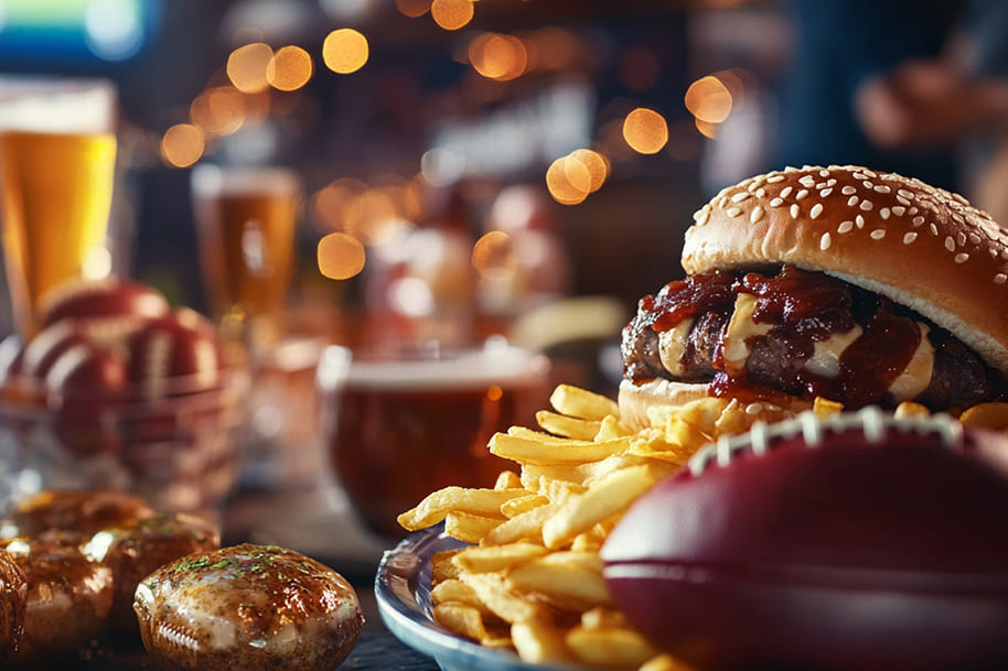 A delicious hamburger topped with BBQ sauce, crispy fries, and drinks set against a backdrop of football-themed decor, perfect for a Super Bowl LIX party. The vibrant scene captures the excitement of game day snacks, making it ideal for celebrating with friends and family.
