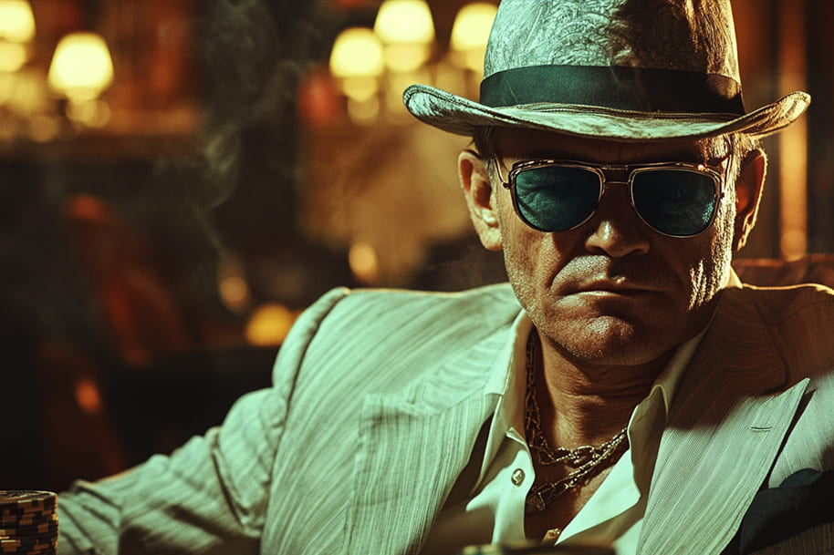 An intense poker player in a smoky casino setting, evoking the drama and allure of casino-themed movies that captivate audiences with high-stakes action and intrigue.
