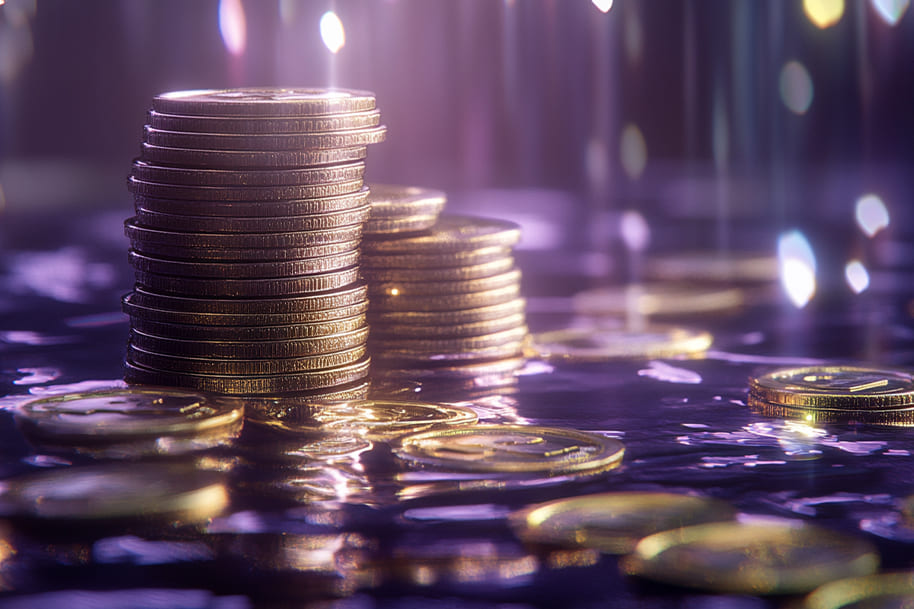 Stacks of gold coins shimmering under soft lighting, representing stablecoins in online gambling and cryptocurrency transactions.