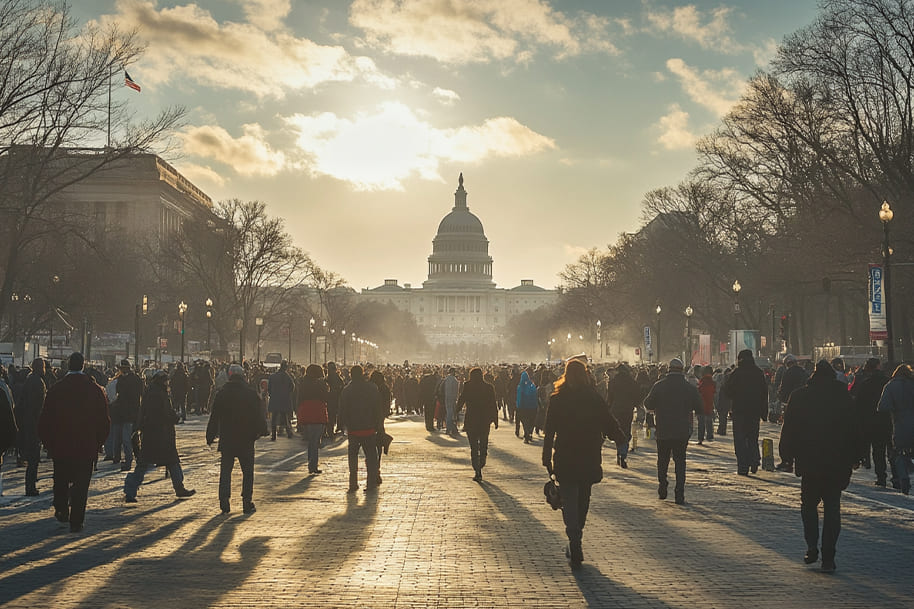 Large crowd walking towards the U.S. Capitol building during a sunny day, with the sun shining brightly behind the structure. The scene shows people in winter clothing, creating a peaceful yet lively atmosphere at a political or public event.